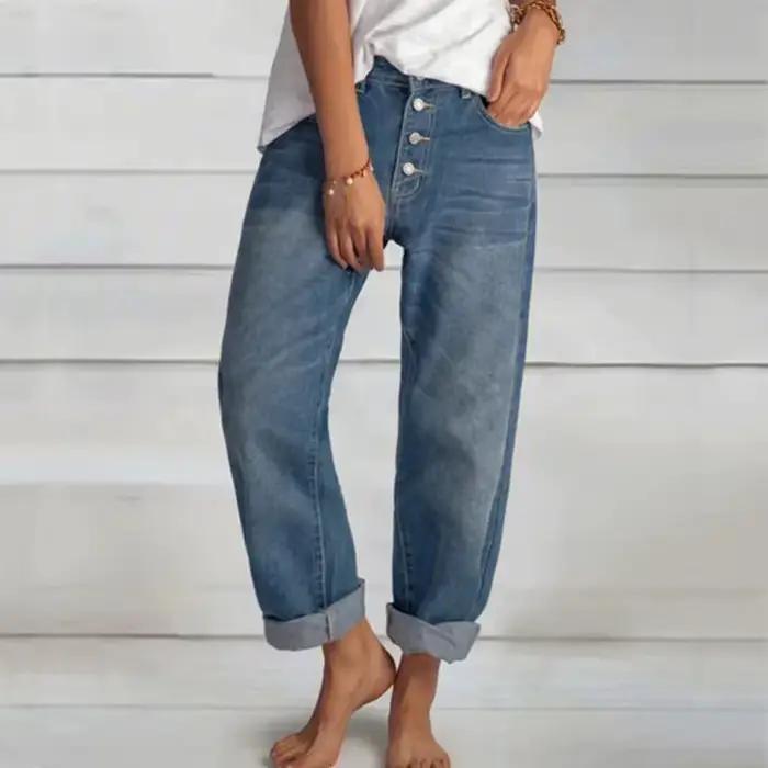 Nouveau Style ample décontracté polyvalent Simple minceur femmes bleu Denim pantalon à jambes droite
