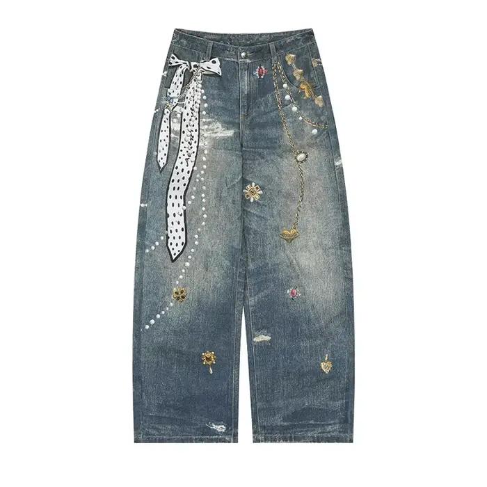 ELFSACK Jeans vintage à jambes larges avec chaîne en forme de cœur et imprimé nœud, pantalon rétro p