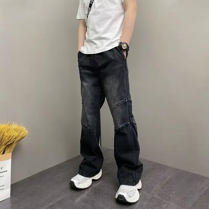 Pantalon ample coréen Haren à jambe droite, bleu, décontracté, avec cordon de serrage, taille élasti