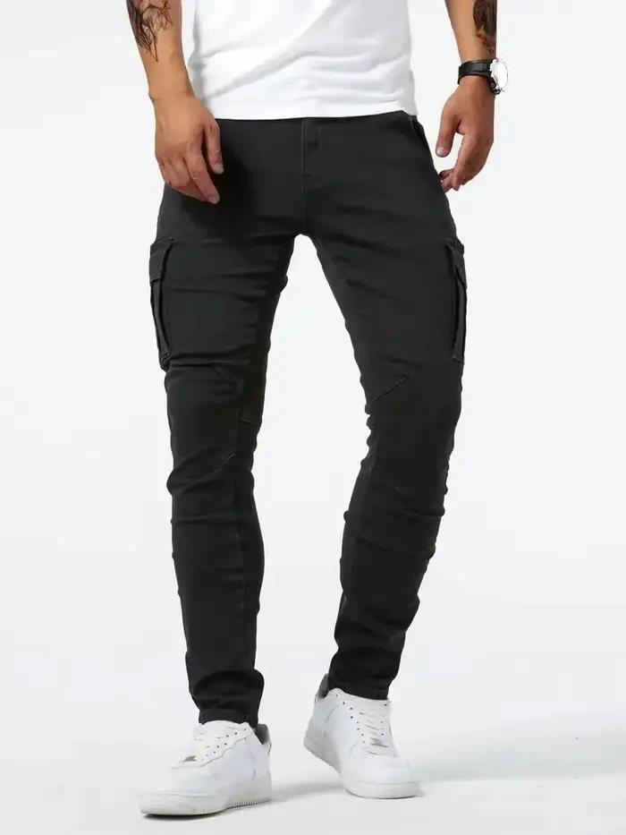 Jean Cargo en Denim artificiel astique pour Homme, Pantalon Délavé, Solide, Poches Multiples, Décont