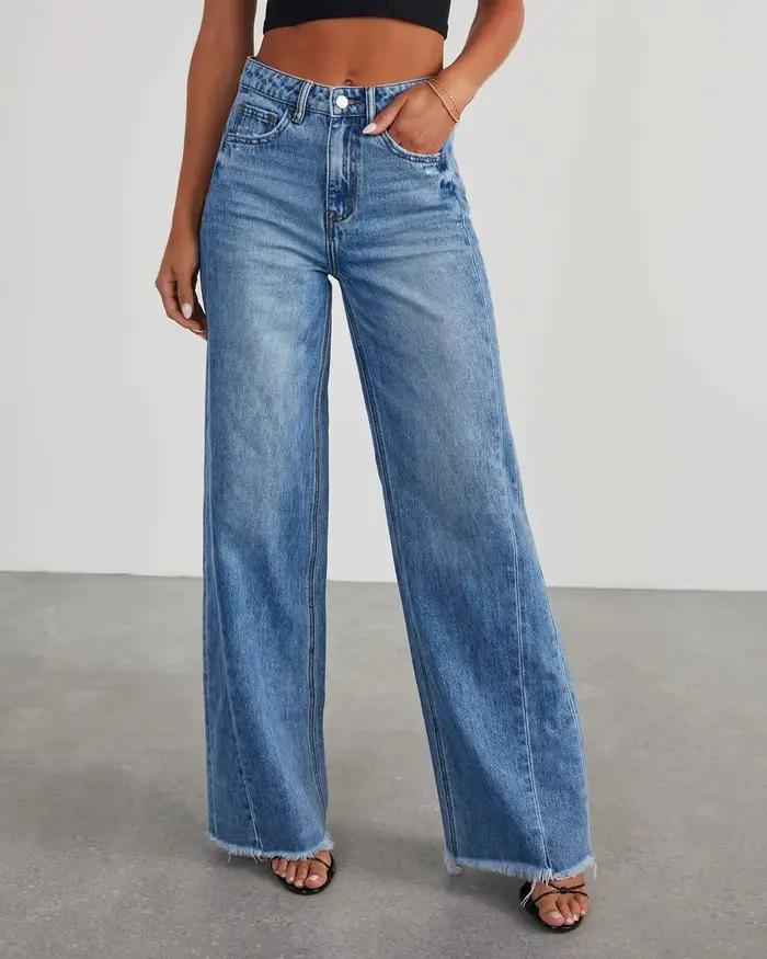 Jean Long et Droit en Denim pour Femme, Pantalon Décontracté, Longueur au Sol, Bleu, Taille Haute, É