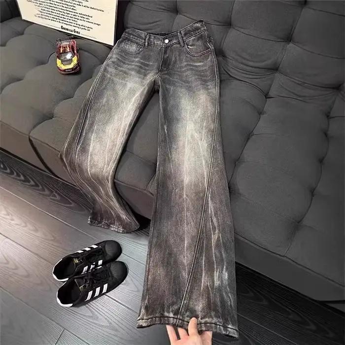 Nouveau Jean Diagonal Homme 2026 Motif Éclair Style Américain, Coupe Droite, Effet Nettoyé, Légèreme