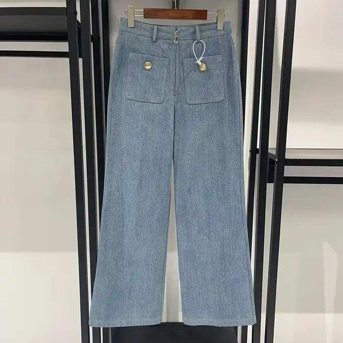Jean droit en denim bleu clair taille haute avec poches plaquées pour femme – Nouvelle collection 20