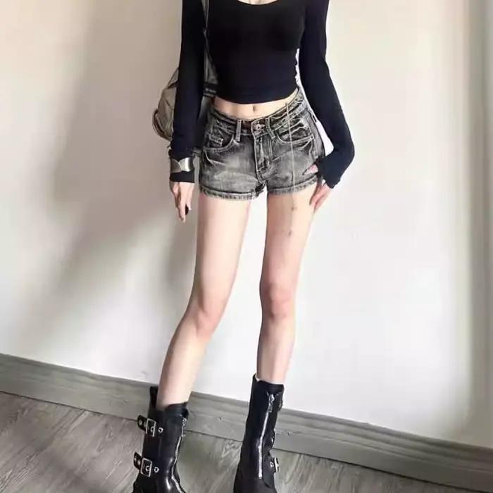 Shorts en jean skinny taille basse rétro noir gris pour femmes 2025 Lavés Amincissants Polyvalents T