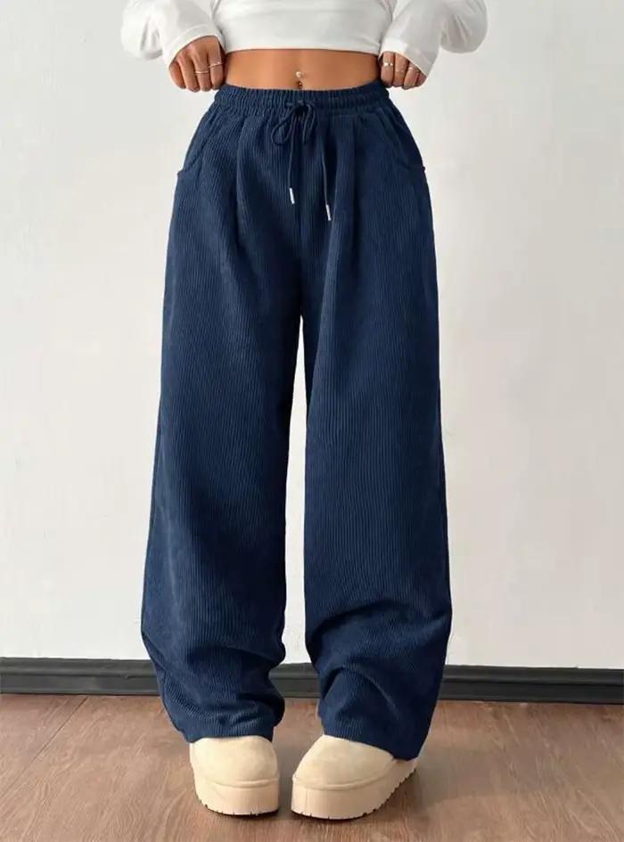 Pantalon décontracté en velours côtelé coupe droite et ample, couleur unie, polyvalent, pour femme,