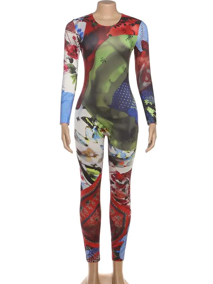 Kliou imprimé coloré combinaisons femme automne tendance col rond manches longues maigre pêche hanch