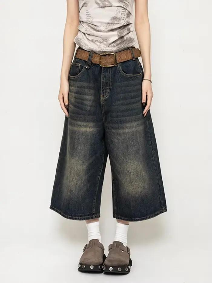 Shorts en jean baggy noirs pour femme, style Y2K vintage, jorts à jambe large, délavés, taille haute