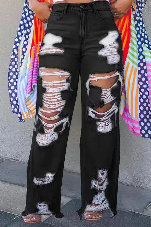 FAGADOER mode trou droit jean pantalon femmes taille haute bouton poche ample Denim pantalon bleu dé