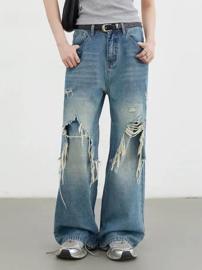 CHIC VEN Jean Femme Tendance Décontracté Ample Taille Haute Jambe Large Denim Streetwear Pantalon Fé