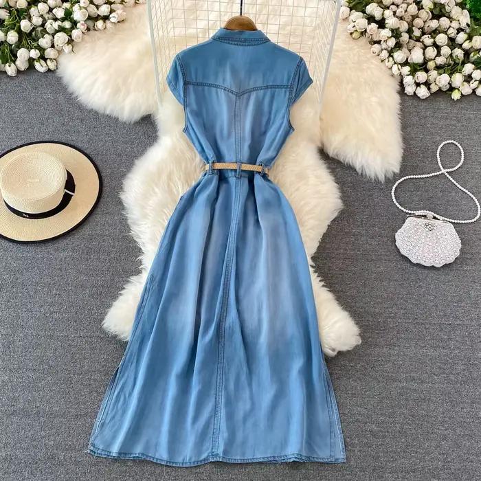 Robe Maxi en Jean pour Femme, Élégante, Col à Revers, Fibre Fine, Style Français, Rétro, Ligne A, Ch