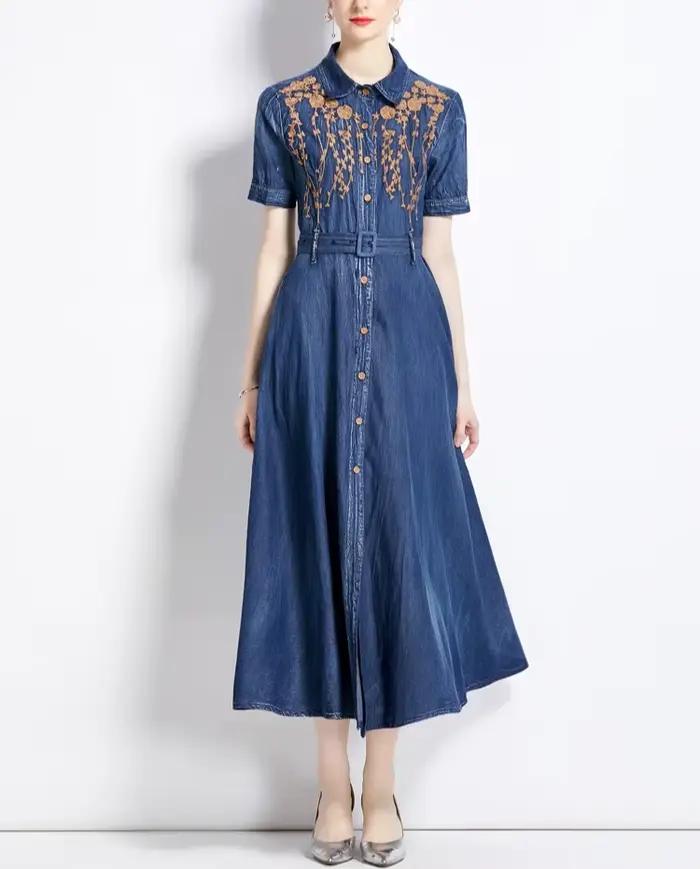 Robe longue en jean bleu pour femme, broderie florale ethnique, style bohème, coupe trapèze, décontr