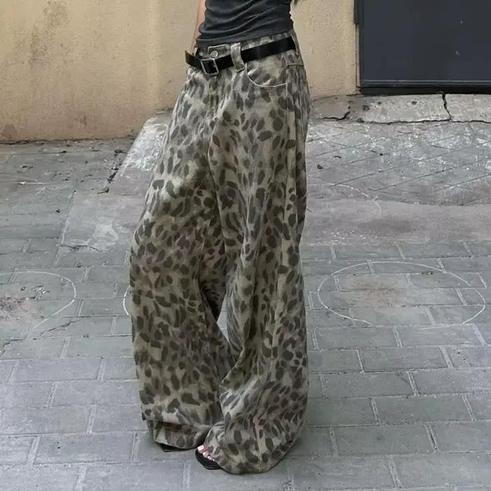 Jean léopard délavé Y2k pour femmes, pantalon d'été en Denim à jambes larges, imprimé Animal, Vintag