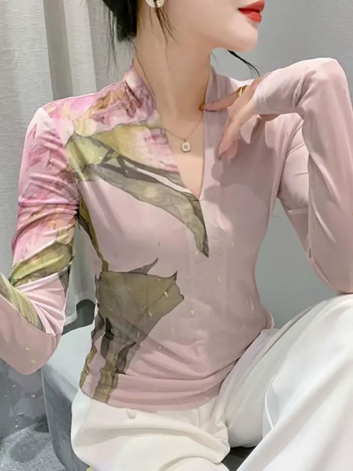S-4XL Automne Mode Bronzant T-shirt Femmes Situé Impression De Grandes Fleurs Slim Économie Femme Ha