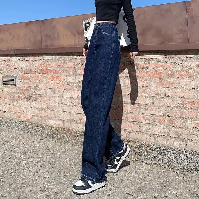 Jielur-Jean Délavé Bleu Foncé pour Femme, Pantalon Droit, Solide, Slim, Mode Simple, Jambes Larges,