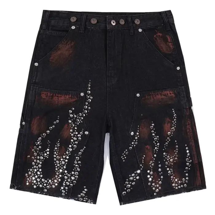 Short en jean diamant de feu pour hommes, Vintage, graphique strass, Streetwear, Harajuku, Hip Hop