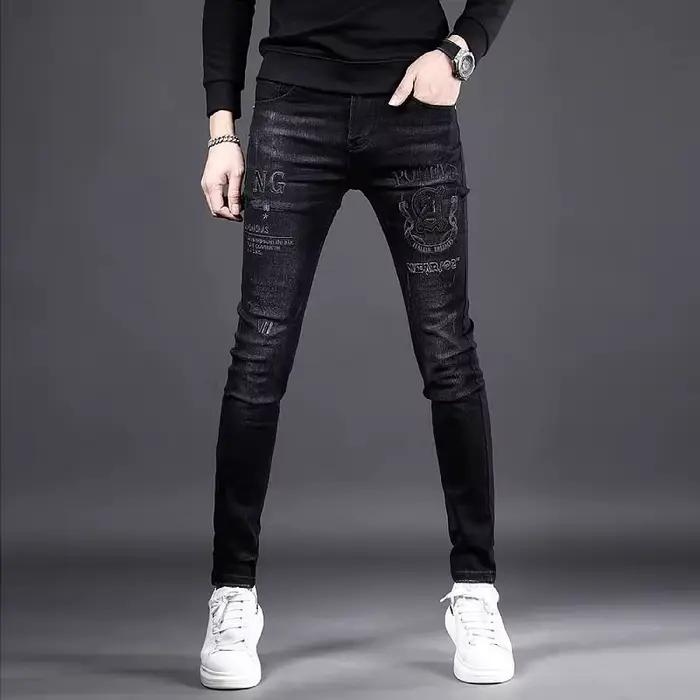 Jean de luxe léger brodé Original pour hommes, coupe ajustée, petits pieds, nouvelle marque tendance