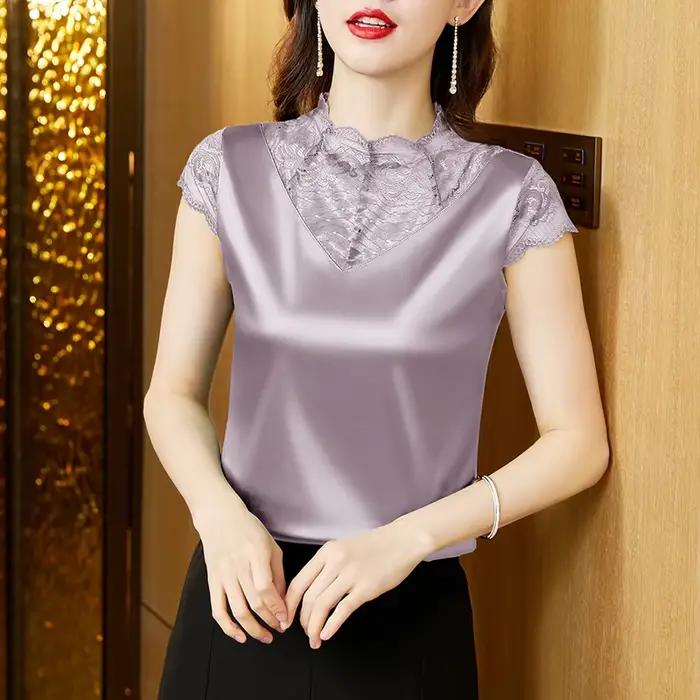 M-5XL 2023 Mode coréenne Chemisier en dentelle Patchwork Demi col haut Satin Pulls Y-Summer Chemise