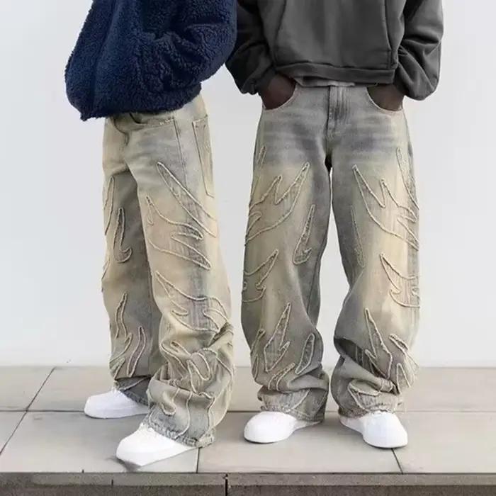 Hommes Baggy Esthétique Streetwear Jeans Mâle Rétro Mode Jambe Large Denim Pantalon Graphique Brodé