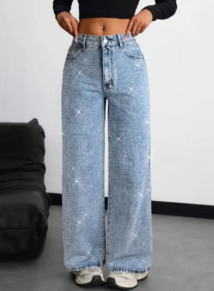 Jean à jambes larges pour femmes, style américain, rétro, plein de diamants, nouveau style d'automne
