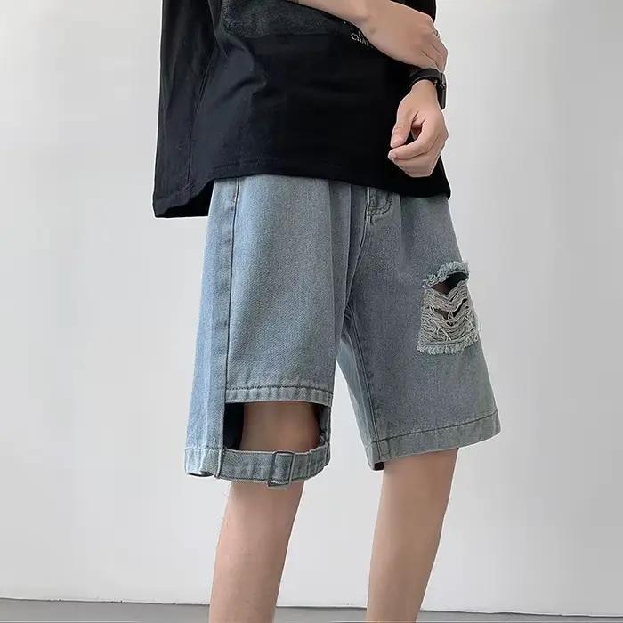 Shorts en jean déchiré délavé pour homme – Coupe ample rétro pour l'été