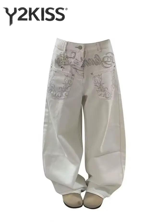 Jean baggy blanc pour femme, brodé, coupe large, style Y2K, Harajuku japonais, années 2000, rétro am