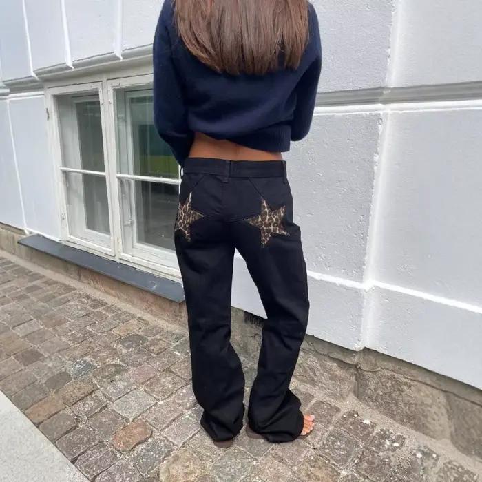 Jeans pour femmes 2025, imprimé étoiles, pantalon droit, taille haute, délavé, poches, longueur au s