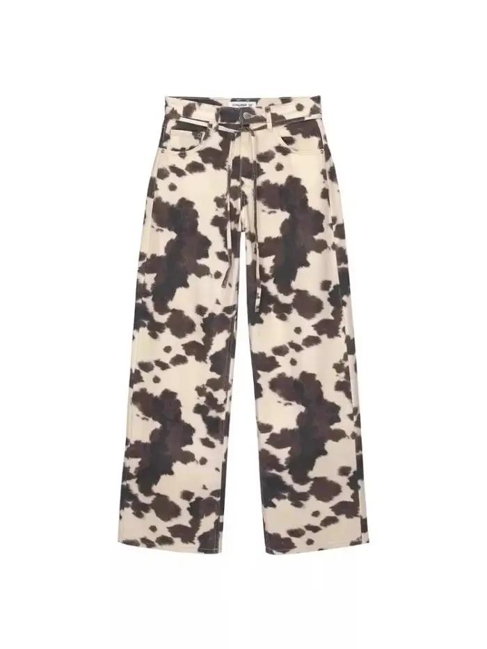 HOUZHOU Vintage vache imprimé jean femmes Y2k Baggy Hip Hop lavé Denim pantalon Grunge rétro Streetw