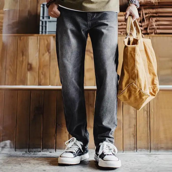 Maden Jeans en denim épais vintage pour hommes 13 oz Pantalon conique à jambe droite gris délavé Pan