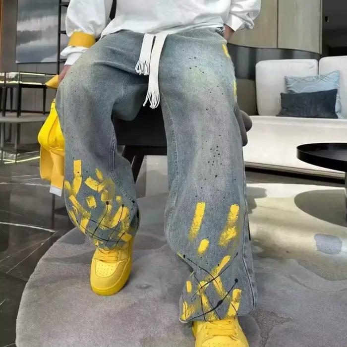 Jean délavé pour hommes, imprimé jet d'encre peint à la main, à la mode et polyvalent, vieux pantalo