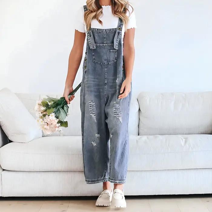 Salopette en jean baril pour femme, jambes larges, pantalon à bretelles, combinaison Baggy déchirée