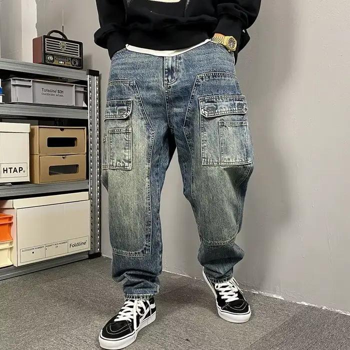 Automne américain décontracté ruffian beau lavé rétro outillage jean hommes droit ample haute rue pa
