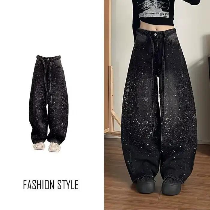 Jean en denim noir rétro américain pour femme, coupe ample et large, longueur au sol, avec bords cou
