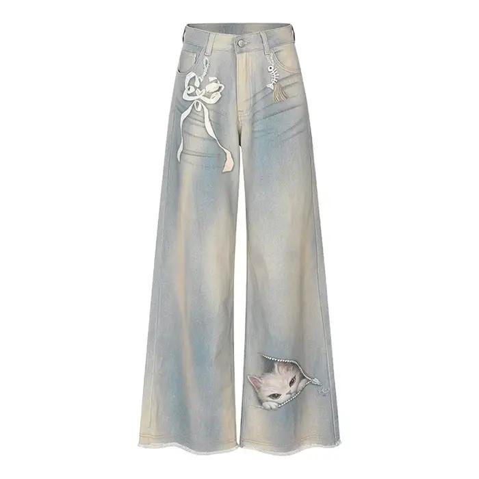 ELFSACK Jean cool à jambes larges avec imprimé chat et nœud mignons, pantalon en denim streetwear po