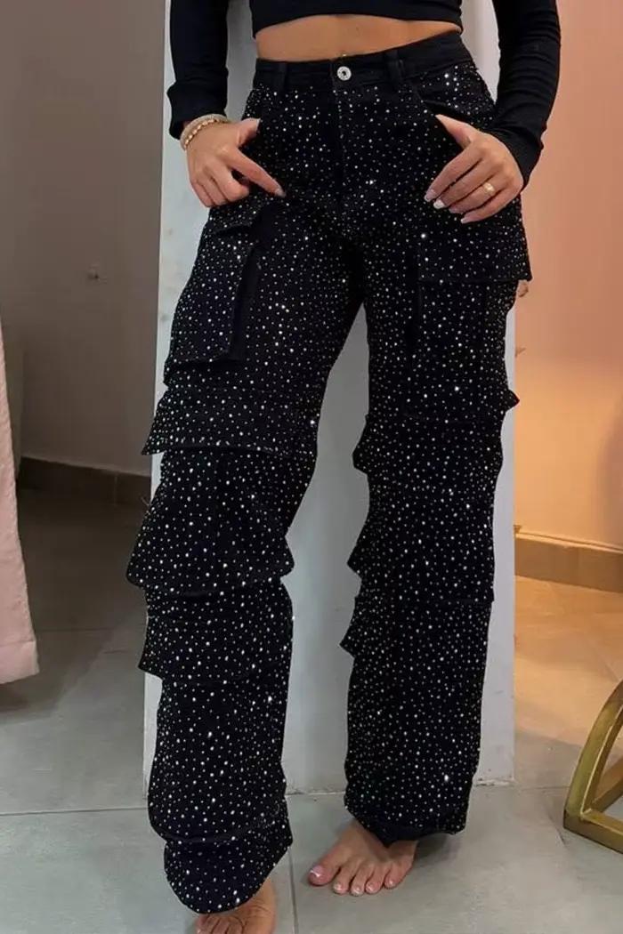 Jean Cargo en Denim taille haute pour femmes, avec strass complets, pantalon Baggy décontracté scint
