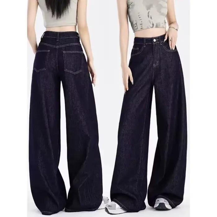 Jean ample taille haute bleu foncé pour femme – Nouvelle collection décontractée en denim fluide pou