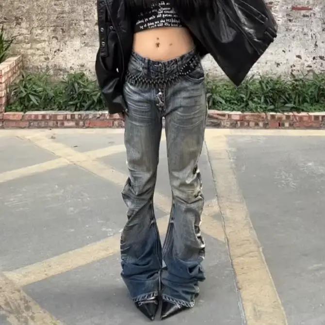 Jean incurvé empilé délavé pour femmes, grande taille américaine Y2K, Style de rue, coupe Slim, flat