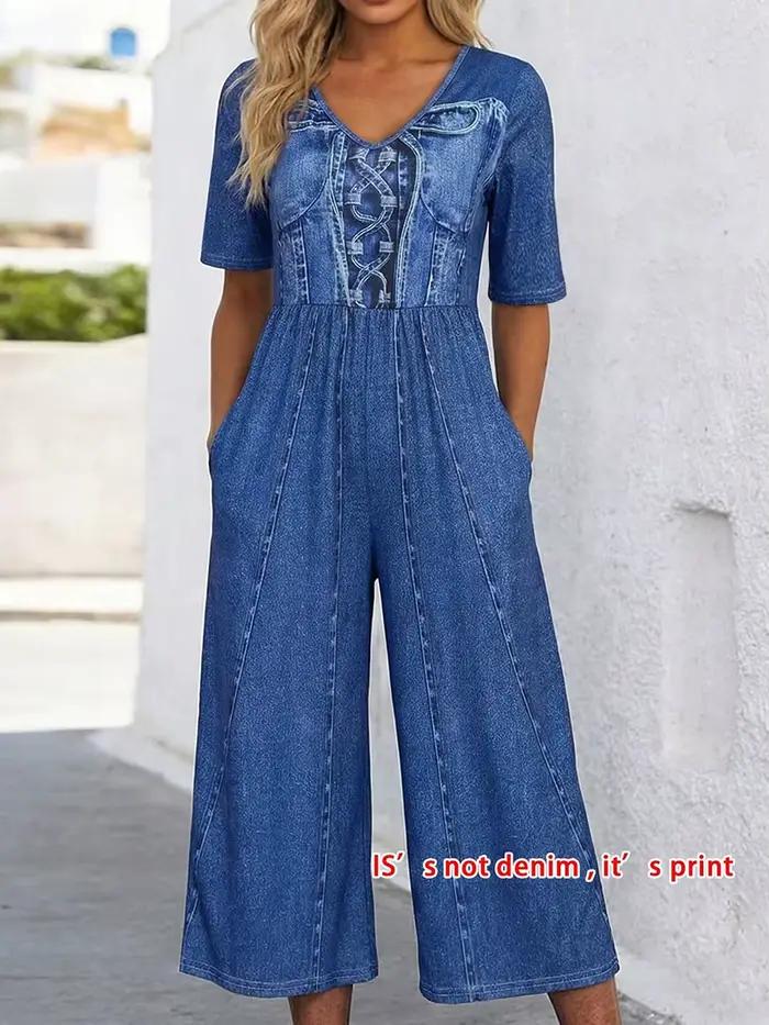 Nouvelle combinaison d'été pour femmes, imprimée imitation denim, décontractée et polyvalente, à man