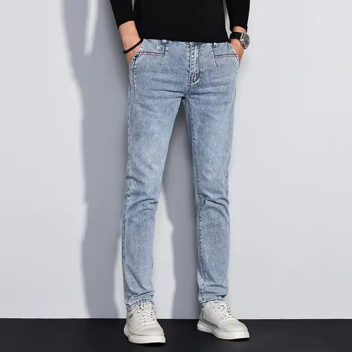 Nouveaux hommes jean coupe ajustée Stretch droit Vintage à la mode Denim pantalon coréen lavé doux p
