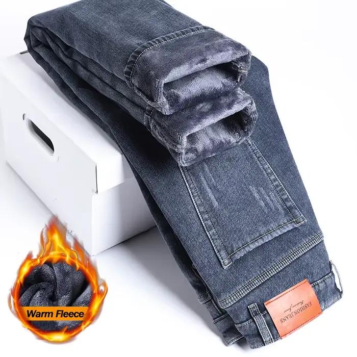 2025 hiver polaire jean hommes mode élastique mince droit chaud pantalon épaissir affaires décontrac