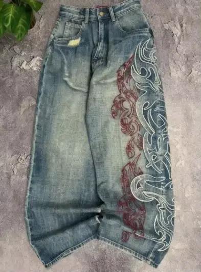Jean délavé rétro américain Y2K, gothique, blanc, motif Dragon épiné, ample, droit, pour hommes et f
