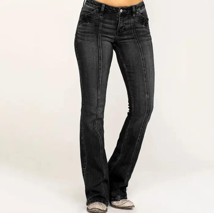 Jeans évasés taille basse déFlexrétro pour femmes, pantalons à jambes larges décontractés chics, den