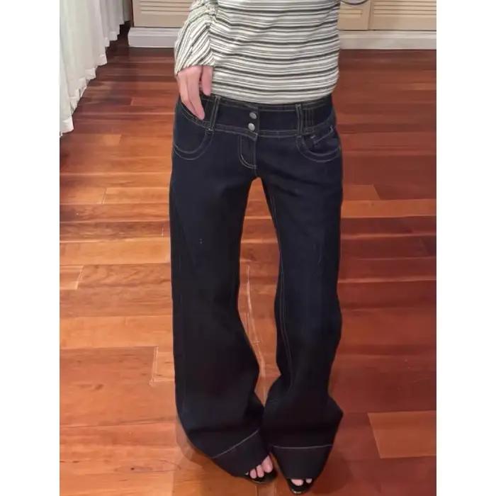 Jean pour femme, bleu américain, à boutons, taille basse, coupe droite, jambe large et fluide, style