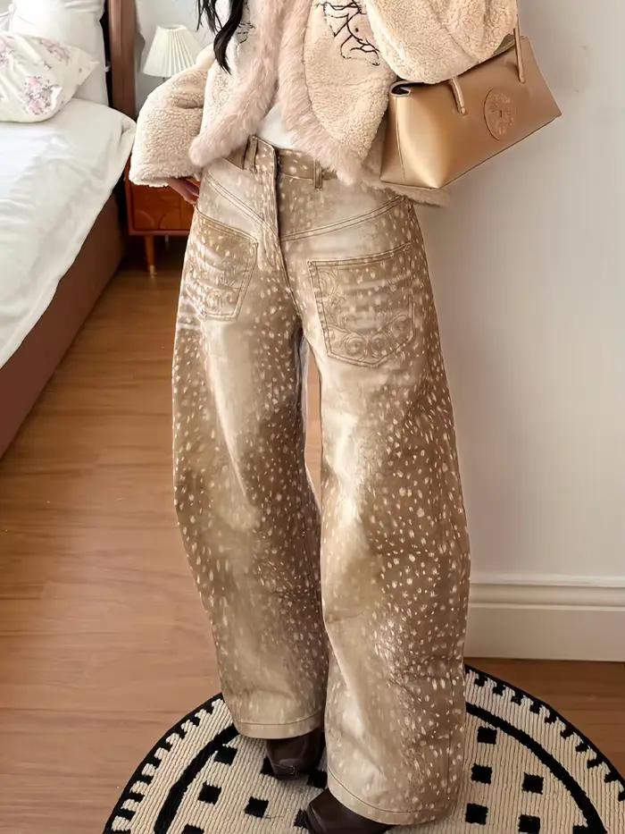 Jeans à pattes larges et courbes à imprimé cerf rétro américain Y2K pour la mode de rue féminine