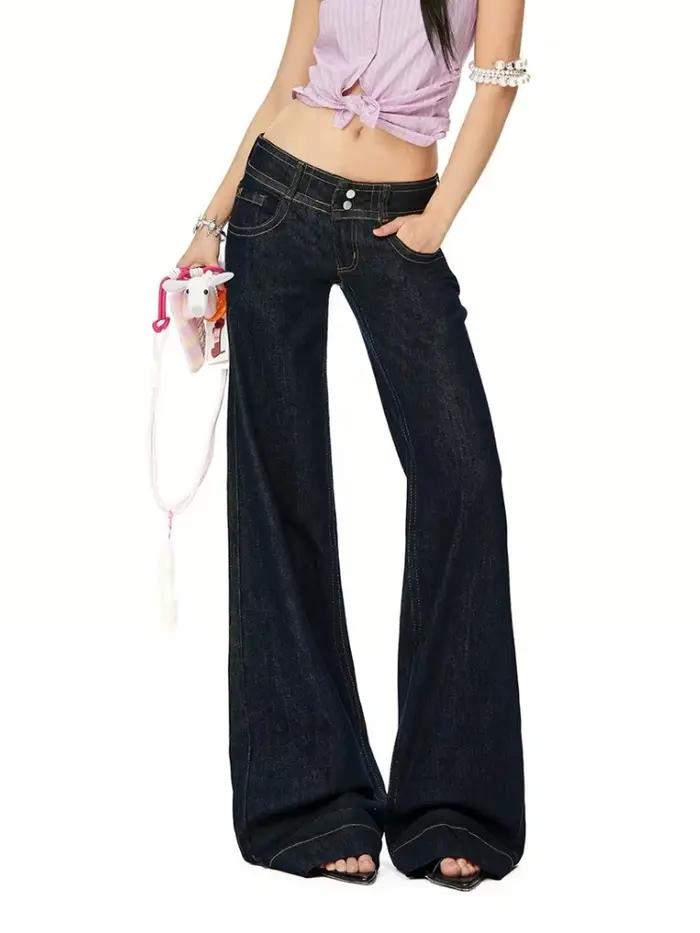 Jeans vintage bleus pour femmes, mode hip-hop, streetwear, Y2K, coupe large, jambe droite, taille ba