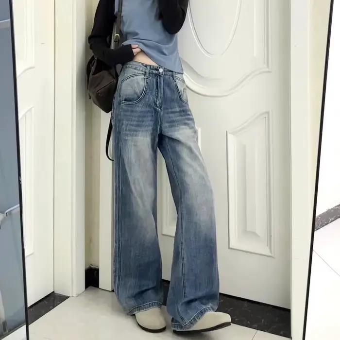 Jean pliant de poche rétro surdimensionné américain pour hommes et femmes, délavé, teinture par noua