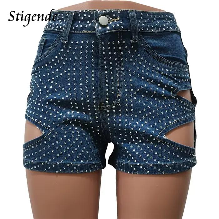 Stigende-Jean court découpé en biscuits pour femme, short en denim sexy, coupe couvertes, paillettes