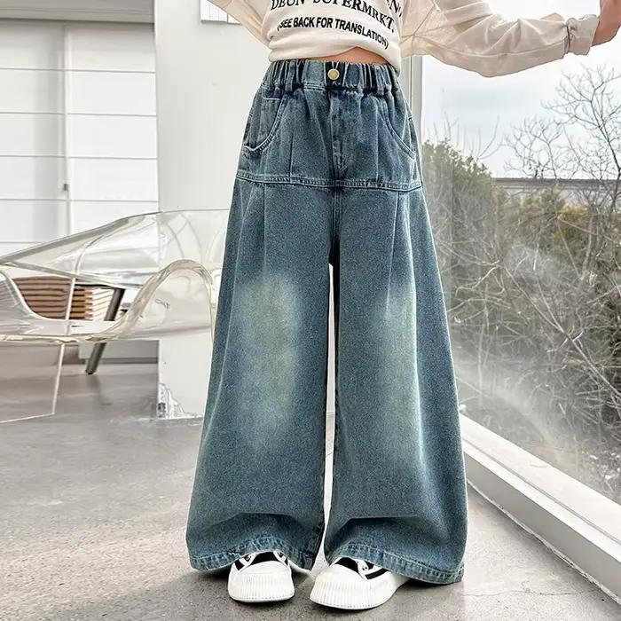 Mode filles jambe large Denim pantalon jean nouveau printemps automne enfants bleu jean pantalon fem