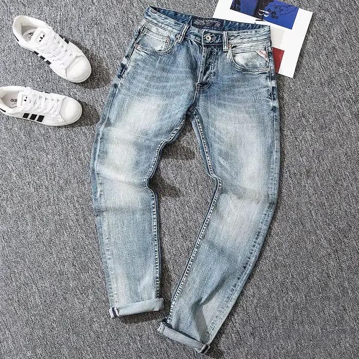 Style italien mode hommes jean rétro bleu clair coupe ajustée déchiré jean hommes Vintage pantalon d