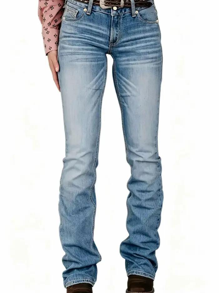 Jean bootcut bleu clair à haute élasticité avec poches brodées au dos, coupe slim micro-évasée en de