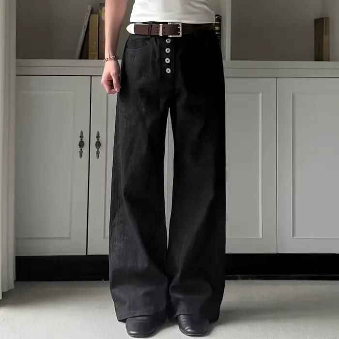 Jean rétro noir à boutons, coupe droite, décontracté, taille haute, pour hommes et femmes, printemps